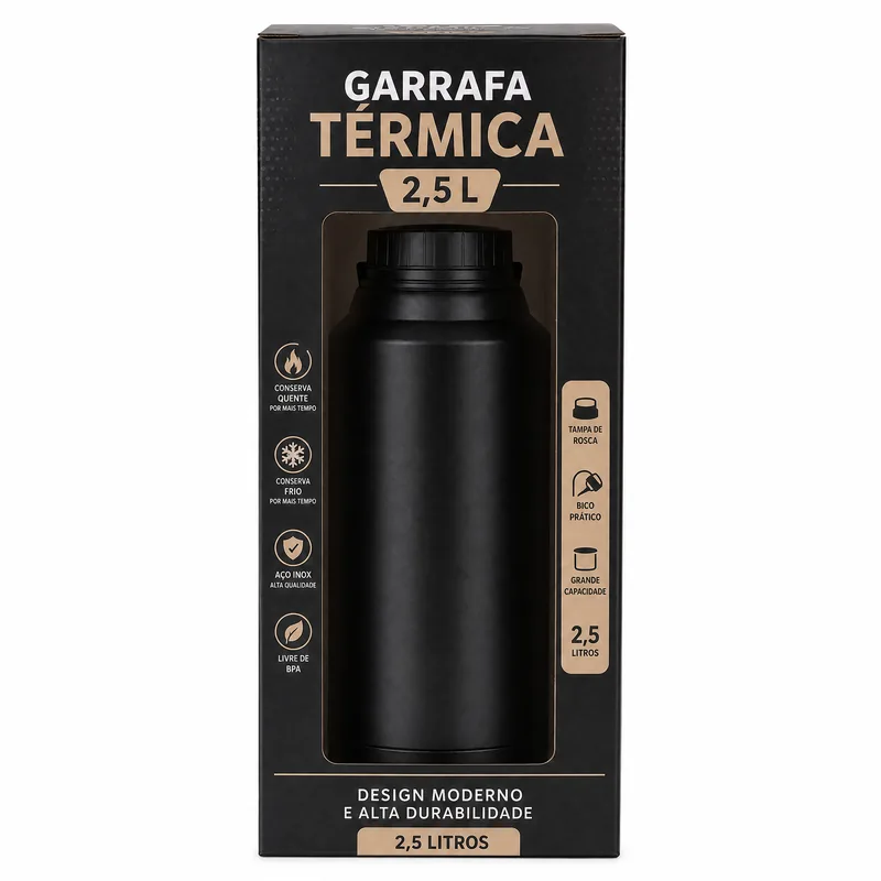 GARRAFA TERMICA INOX 2,5L - PRETA BLACK ERVA