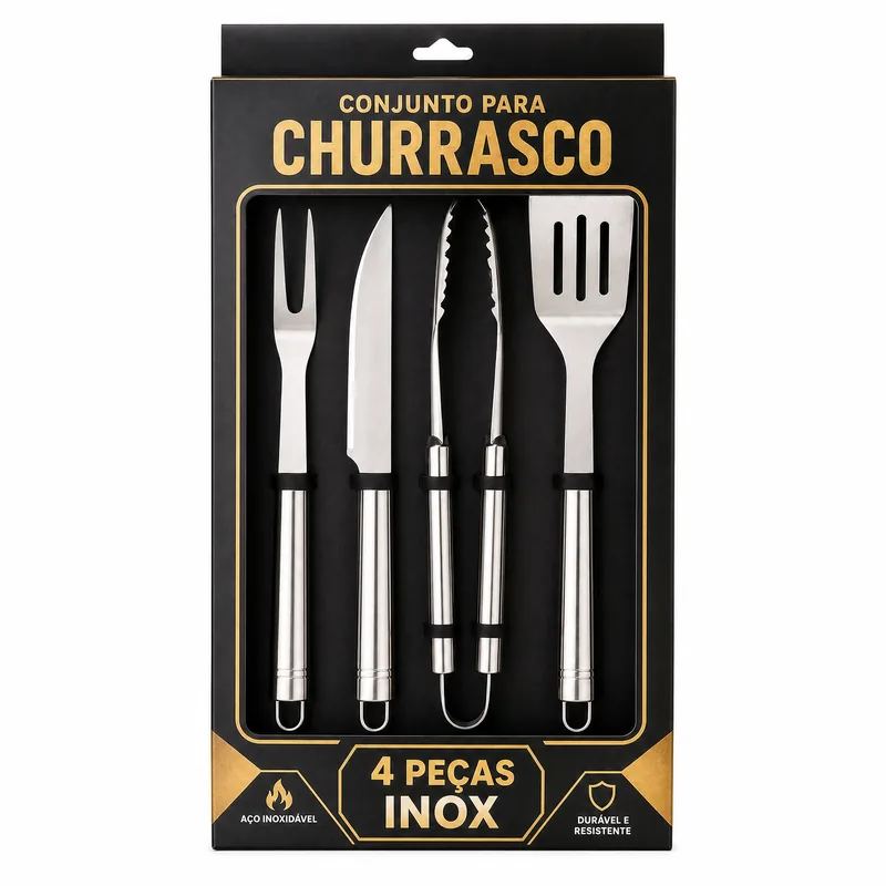 CONJUNTO PARA CHURRASCO INOX, CAIXA BOX COM 4 PECAS GAUCHOGRILL - GARFO,FACA,PEG