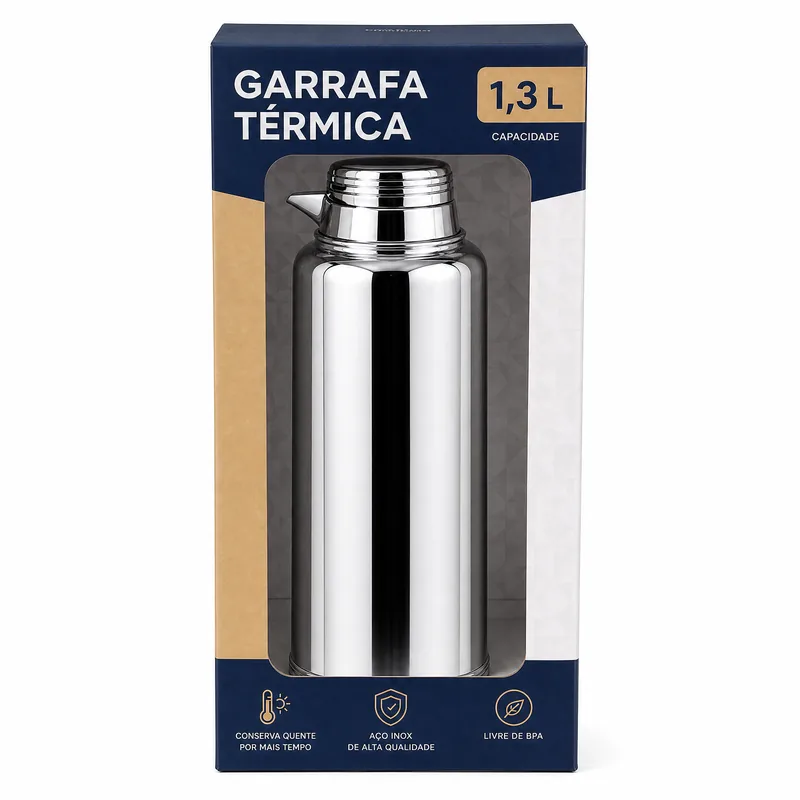 GARRAFA TERMICA INOX 1,3 LITRO -CROMADA - BLACK ERVA