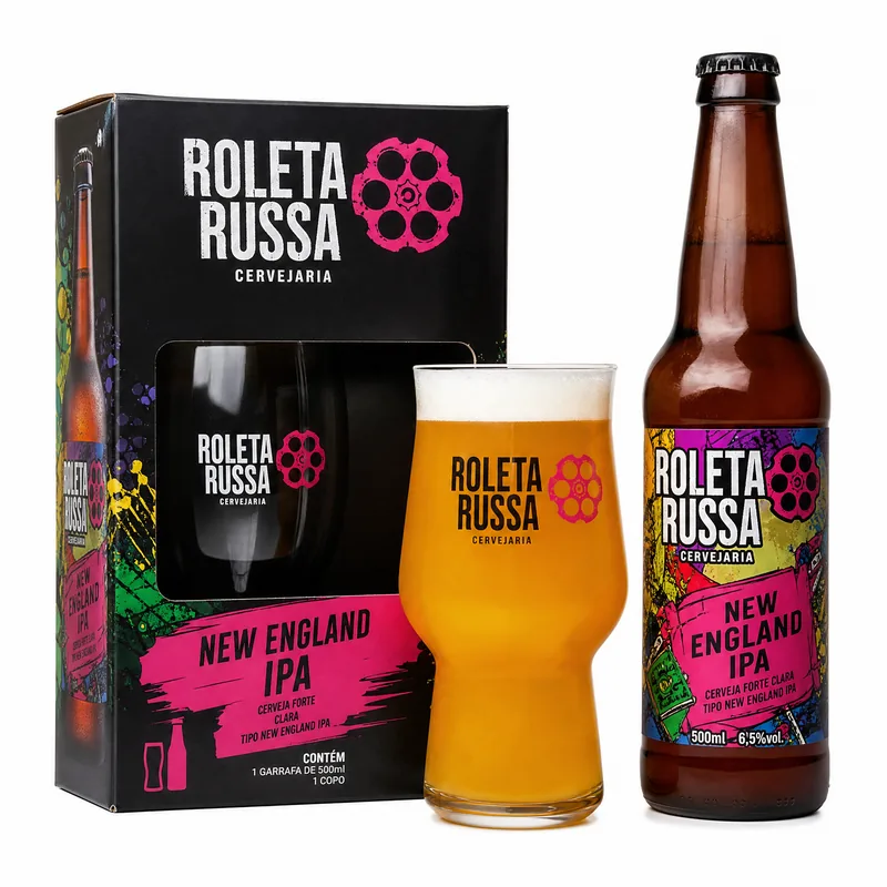 EMBALAGEM KIT ROLETA RUSSA COPO 320 ML + GARRAFA 500ML NEW ENGLAND IPA KIT