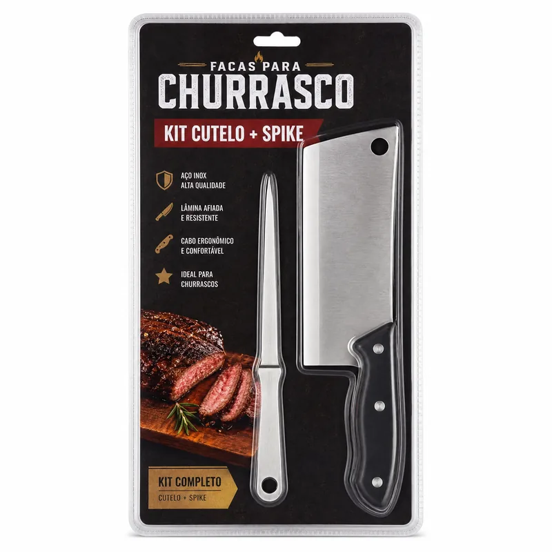 FACA INOX ARTESANAL RR - CUTELO LAMINA CUT INOX + CABO PTO C/ SPIKE KIT