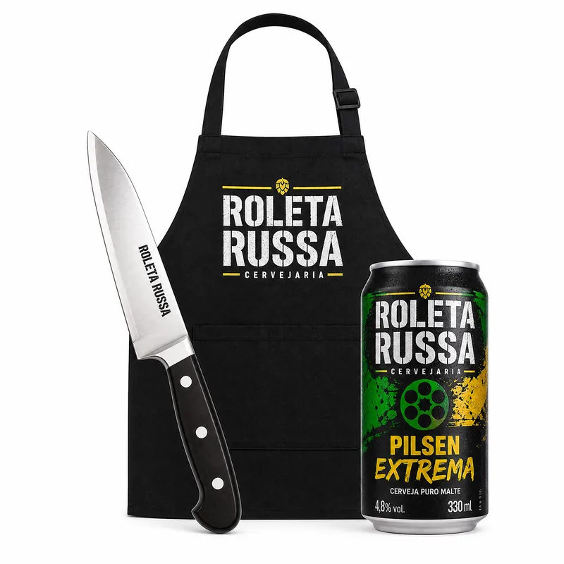 EMBALAGEM KIT ROLETA RUSSA FACA INOX AVENTAL + CERVEJA EXTREMA 330ML KIT