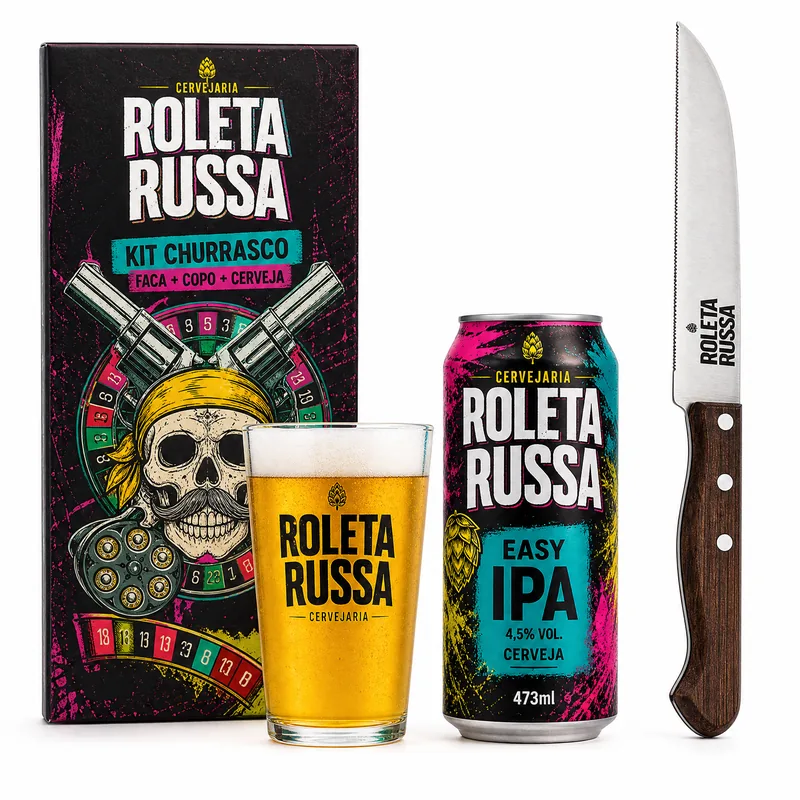 EMBALAGEM KIT ROLETA RUSSA FACA INOX CHURRASCO + COPO SPIKE 320ML + CERVEJA EASY