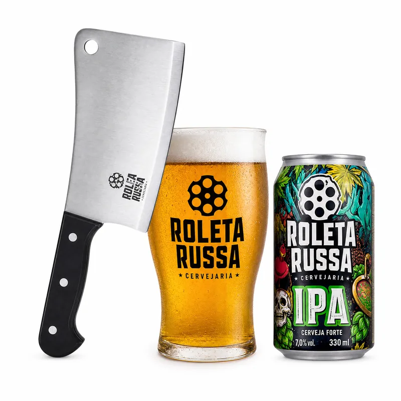 EMBALAGEM KIT ROLETA RUSSA FACA INOX CUTELO + COPO SPIKE 320ML + CERVEJA IPA 330