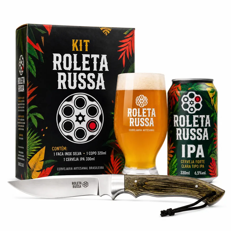 EMBALAGEM KIT ROLETA RUSSA FACA INOX SELVA + COPO SPIKE 320ML + CERVEJA IPA 330M