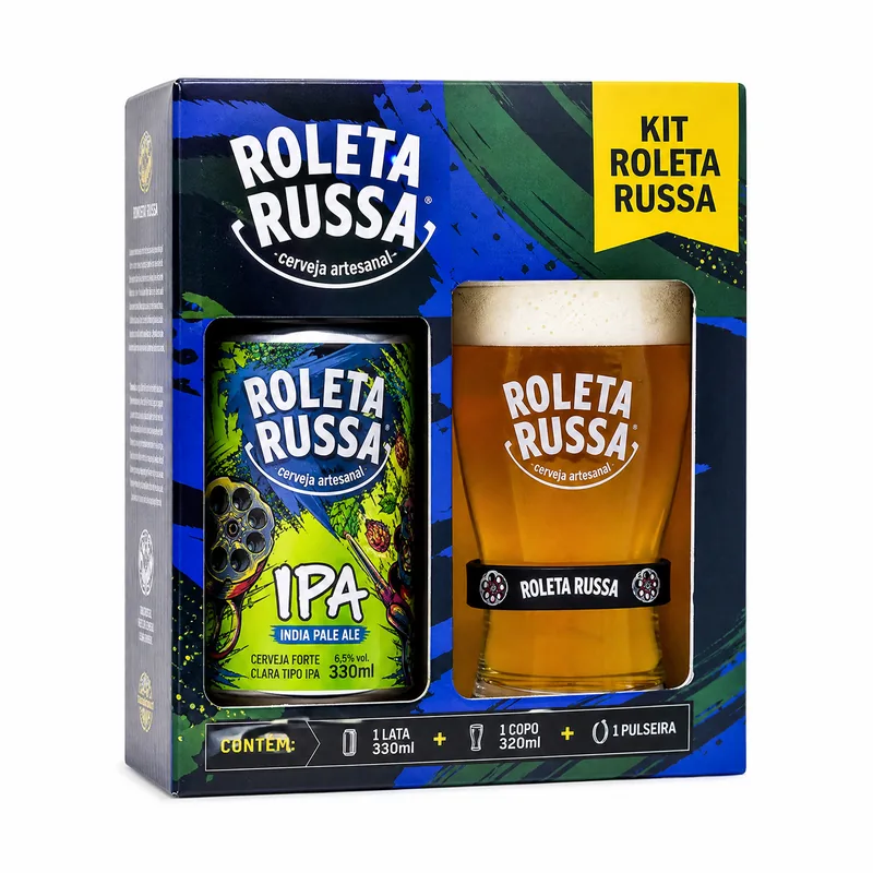 EMBALAGEM KIT ROLETA RUSSA 1 CERVEJA IPA 330 ML + COPO 320 ML COM PULSEIRA KIT
