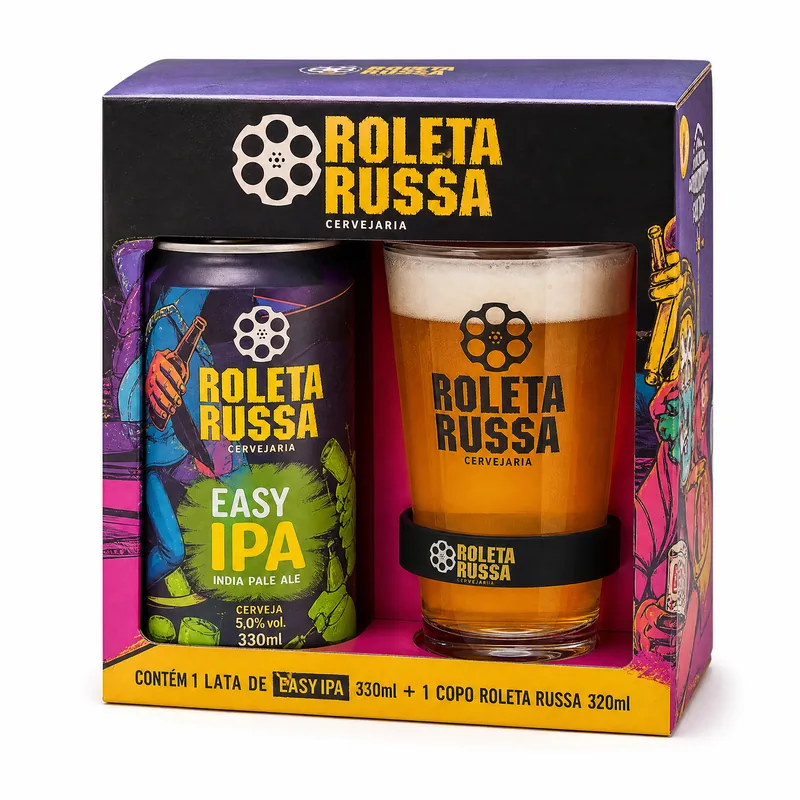 EMBALAGEM KIT ROLETA RUSSA 1 CERVEJA EASY IPA 330 ML + COPO 320 ML COM PULSEIRA